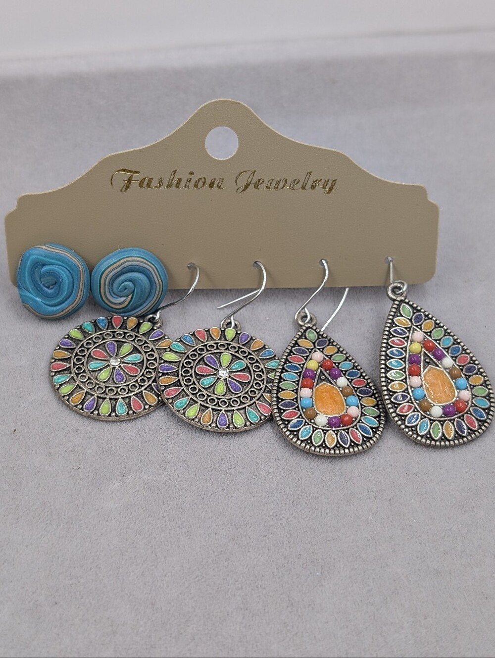 3 Pair Boho Multicolor Statement Earrings Set Mandala Teardrop Stud 1302